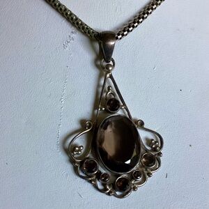 Big 925 Smokey Quartz Topaz Pendant Filigree Protection